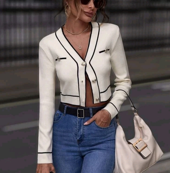 White Cardigan Contrast Binding Button Front Cardigan,Long Sleeve Tops - Picture 1 of 4